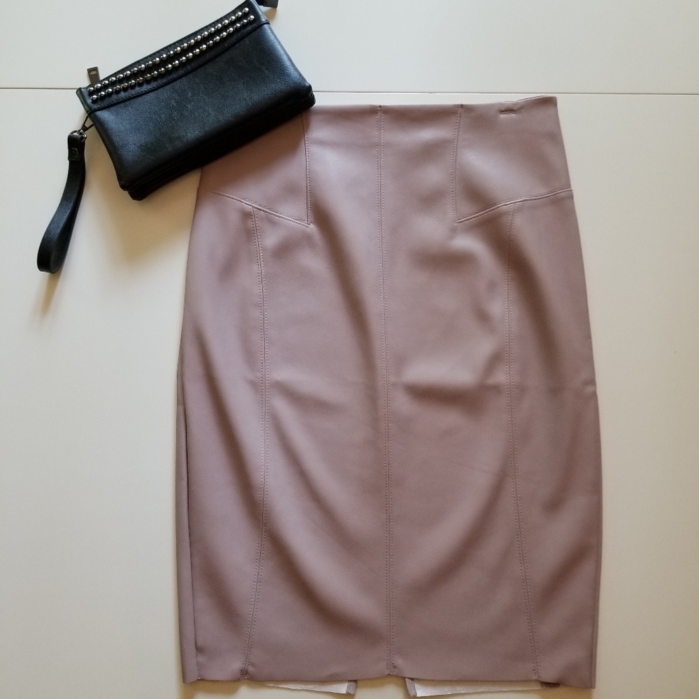 Blush pink vegan leather seamed pencil skirt